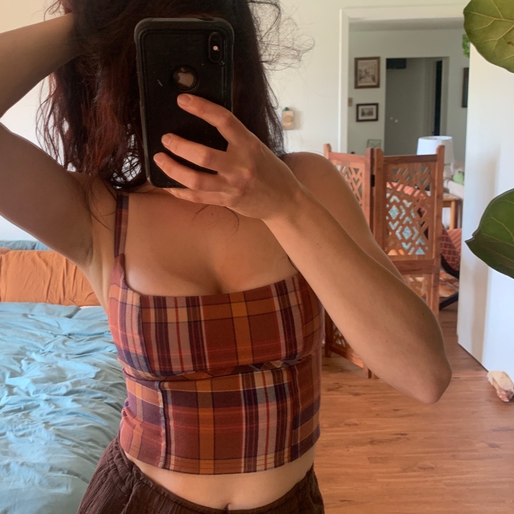 Urban Outfitters Plaid Fitted Crop Tank Top with Square Neck